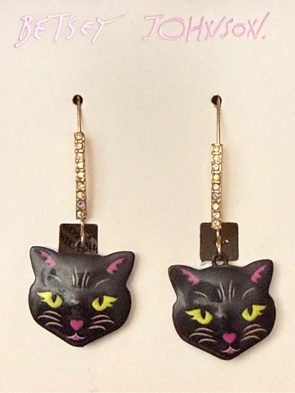 Betsey Johnson Black Cat Face Drop Earrings